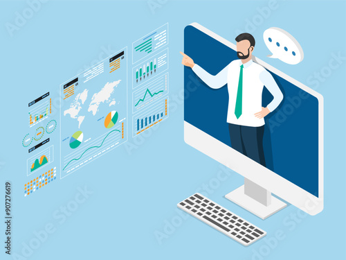 Businessman on computer screen presenting a webinar, seminar and data analysis meeting. Financial expert discussion. Isometric vector illustration eps10
