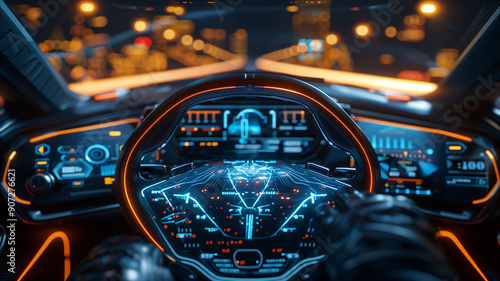 Interior view of electric car speedometer dashboard with holographic digital wireframe