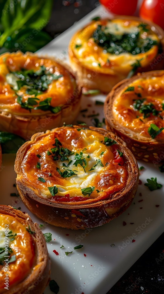 Delicious savory pastry tarts topped with herbs and cheese. Delicious savory pastry tarts topped with herbs and cheese.