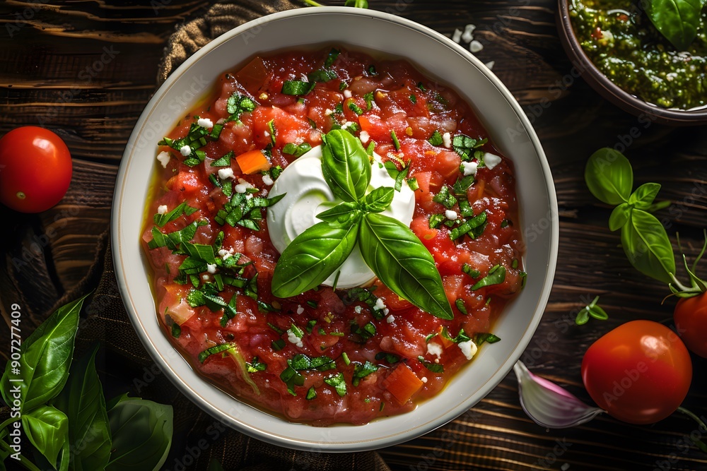 Fresh tomato basil soup garnished with herbs and cream in a rustic bowl. Fresh tomato basil soup garnished with herbs and cream in a rustic bowl.