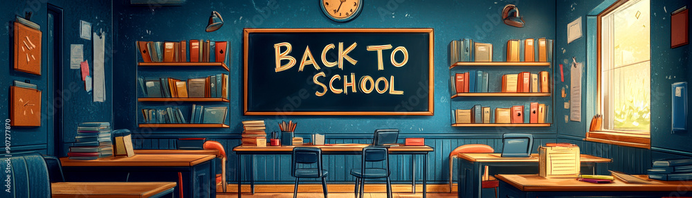 A vibrant classroom scene ready for the new school year, featuring books, desks, and a cheerful back-to-school message. A vibrant classroom scene ready for the new school year, featuring books, desks, and a cheerful back-to-school message.