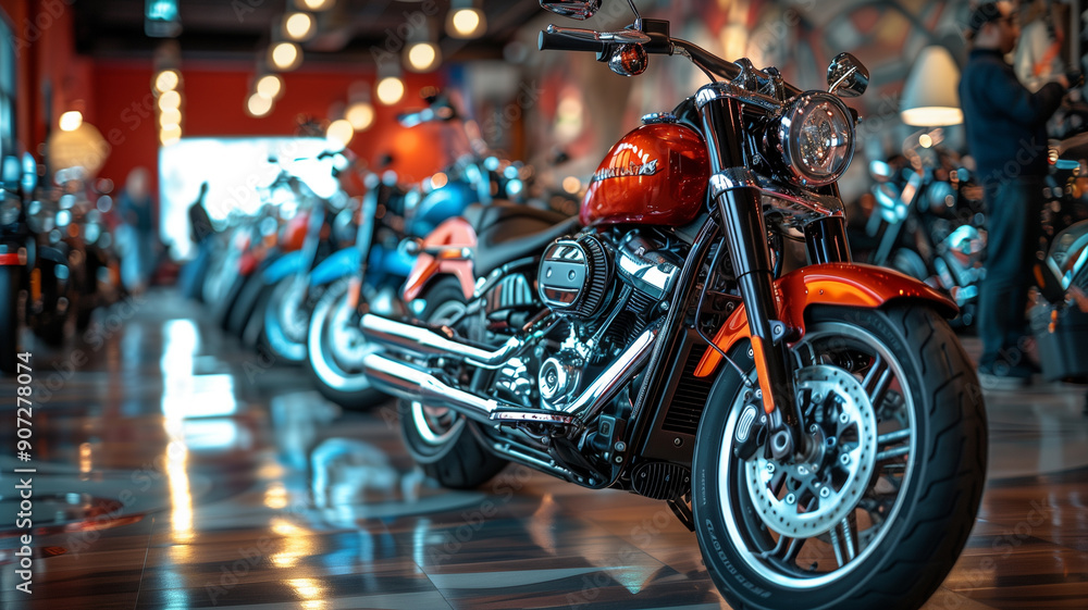Row of motorbikes in showroom with blurry background Row of motorbikes in showroom with blurry background