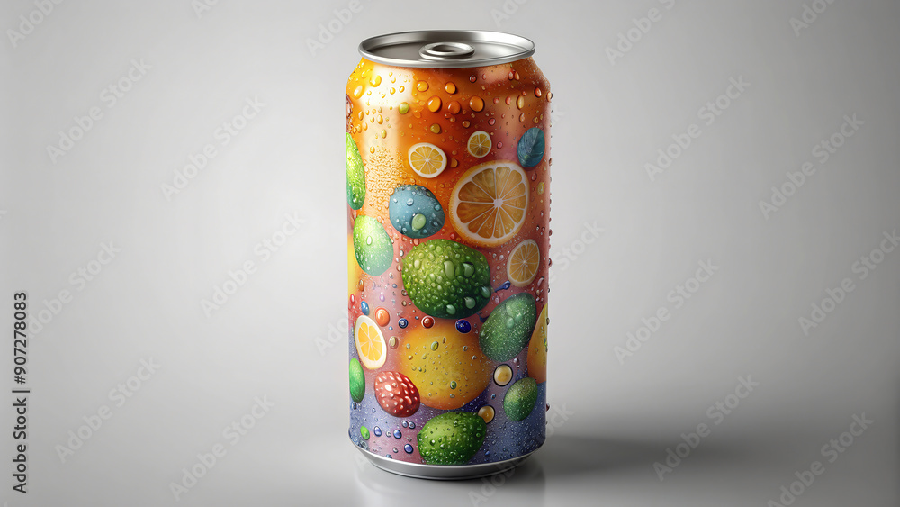 Aluminum can with fruit pattern and water drops on gray background Aluminum can with fruit pattern and water drops on gray background