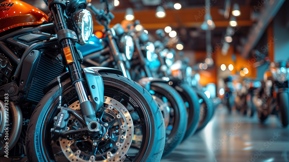 Row of motorbikes in showroom with blurry background Row of motorbikes in showroom with blurry background
