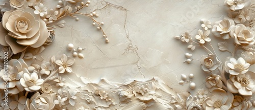 Elegant carved floral design with intricate details on a beige background, featuring roses and blossoms creating a sophisticated look.