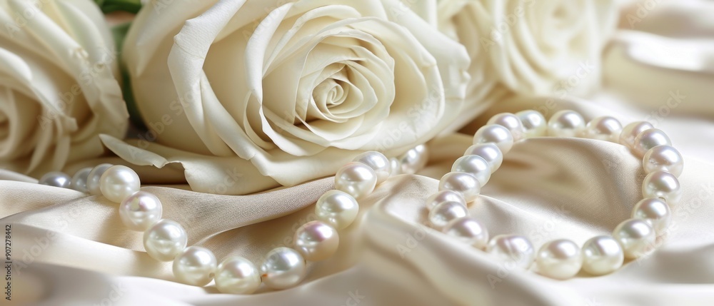 Obraz premium Elegant white roses and pearl jewelry set on luxurious satin fabric, ideal for wedding themes and romantic occasions.