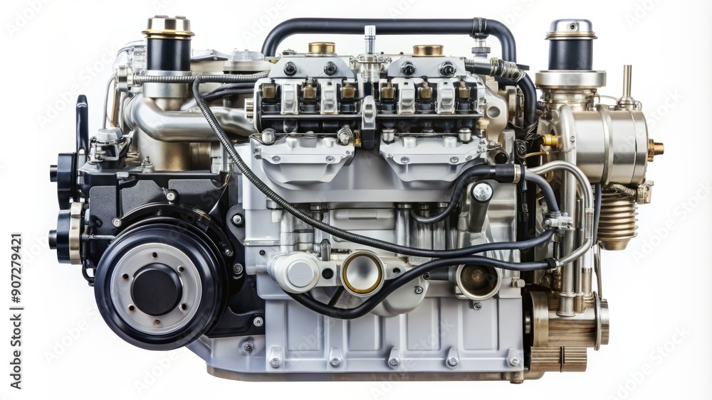 Four stroke diesel engine, v6 engine, high pressure common rail fuel system with filter element, white background. Four stroke diesel engine, v6 engine, high pressure common rail fuel system with filter element, white background.