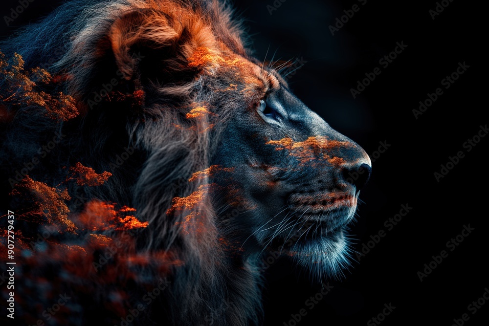 Naklejka premium Majestic lion merging with vibrant evening sky