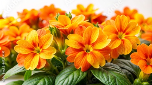 Vibrant orange and yellow crossandra flowers burst with energy against a pristine white background, celebrating the vibrant beauty of spring and summer's natural splendor. photo