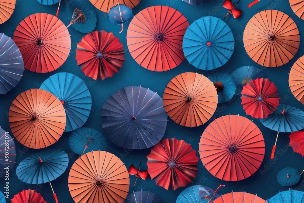 Naklejka premium Colorful umbrellas stacked on a blue background, perfect for illustration or design