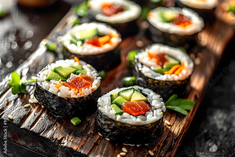 Colorful sushi rolls arranged on a wooden cutting board. Colorful sushi rolls arranged on a wooden cutting board.