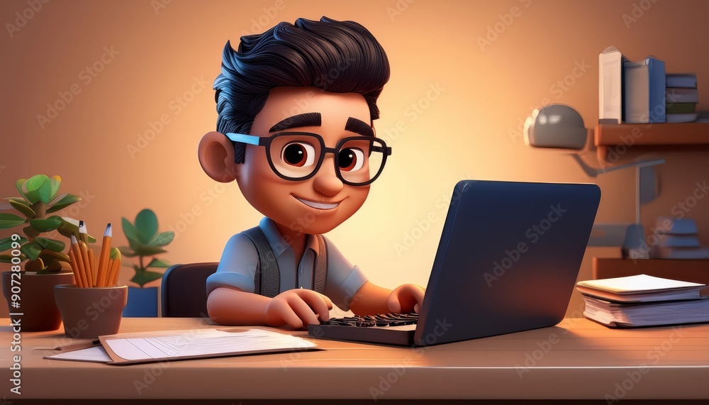 3D cartoon boy with glasses smiles as he works on his laptop 3D cartoon boy with glasses smiles as he works on his laptop