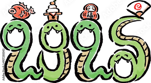 2025年の訪れを祝う蛇（巳）の顔ハメ年賀状素材　四人用