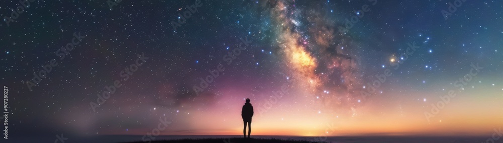 Obraz premium A solitary figure gazes at a stunning night sky filled with stars and a vibrant Milky Way, invoking feelings of wonder and exploration.