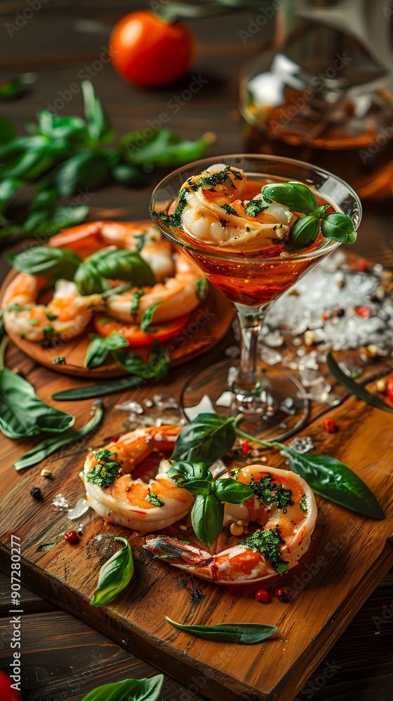 Delicious shrimp cocktail with fresh basil and herbs on a wooden board. Delicious shrimp cocktail with fresh basil and herbs on a wooden board.