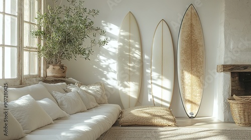 Three Surfboards Leaning Against a White Wall in a Coastal Living Room