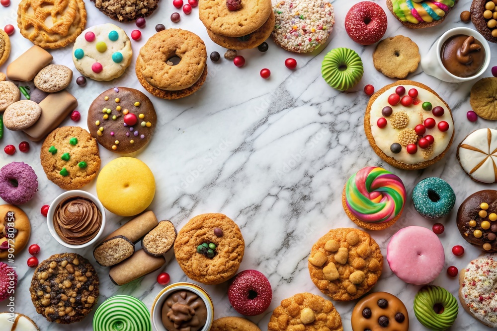 Vibrant assortment of freshly baked cookies and sweet treats arranged on a elegant white marble banner background, perfect for adding your loving message. Vibrant assortment of freshly baked cookies and sweet treats arranged on a elegant white marble banner background, perfect for adding your loving message.