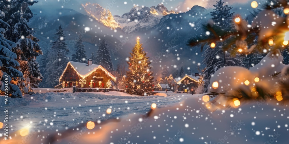 Mountainous Christmas Scene with Snow and Lights Mountainous Christmas Scene with Snow and Lights