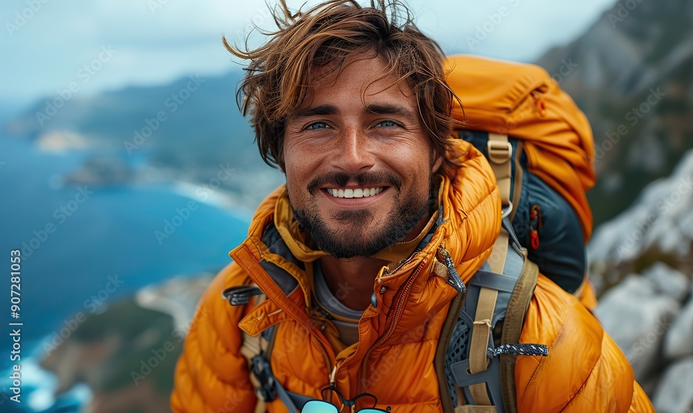 A young hiker with a backpack is taking a selfie outdoors while traveling in the mountains, focusing on lifestyle and technology. A young hiker with a backpack is taking a selfie outdoors while traveling in the mountains, focusing on lifestyle and technology.