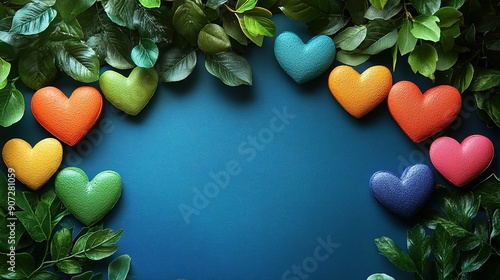 Colorful Hearts Surrounded by Green Leaves on a Blue Background photo