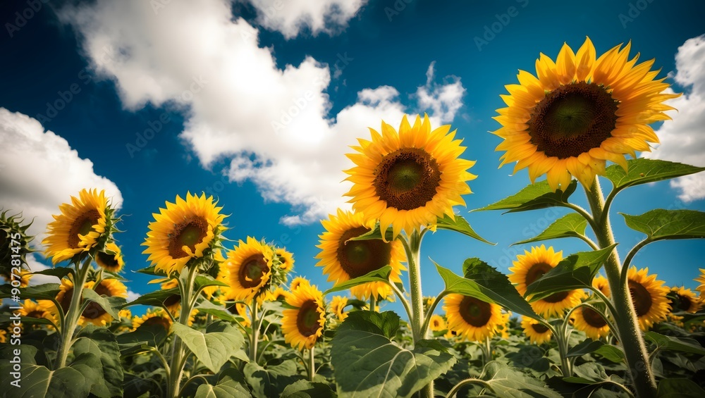 Fototapeta premium Sunflower field. Close up of sunflower on farm. Rural landscape.