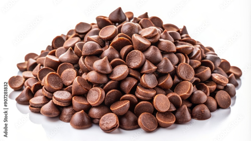 Fototapeta premium Warm and inviting heap of rich brown chocolate chips scattered randomly on a clean white background, tempting sweet treats and baking possibilities.