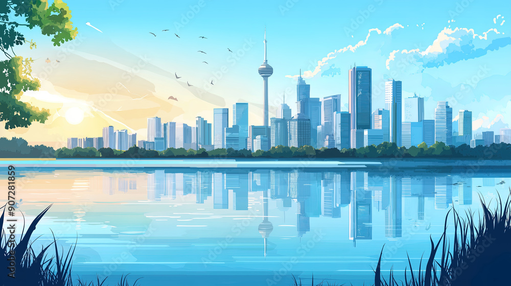 Fototapeta premium minimalist illustration of a modern city skyline with gorgeous reflection in calm lake