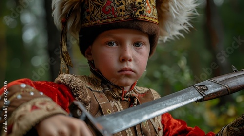 Proud Russian Child in Authentic Cossack Attire Wielding Sabre in Historic Setting photo