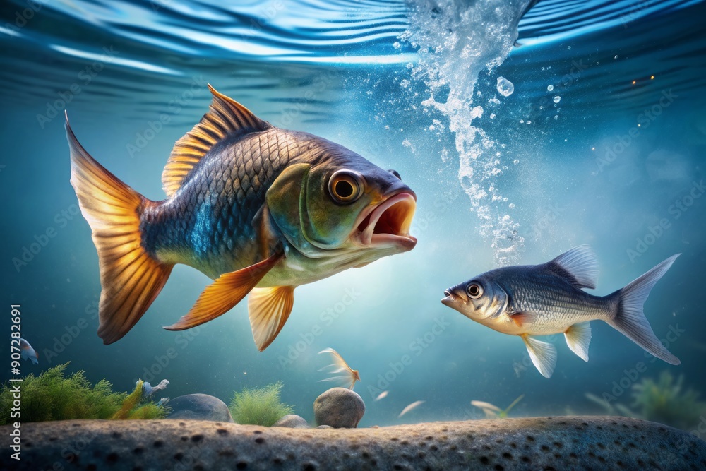 Naklejka premium Small fish leaps out of aquarium and falls into the open mouth of a lurking predator fish, a dramatic and intense underwater moment captured.