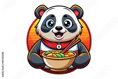 Happy Panda Holding Bowl of Noodles with Chopsticks