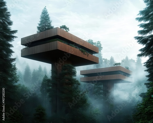 Evergreen forest with towering pines and advanced ecofriendly timber structures, travelers in hightech gear exploring sustainable living photo