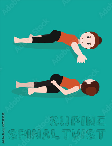 Yoga Supine Spinal Twist Supta Matsyendrasana Cartoon Vector Illustration