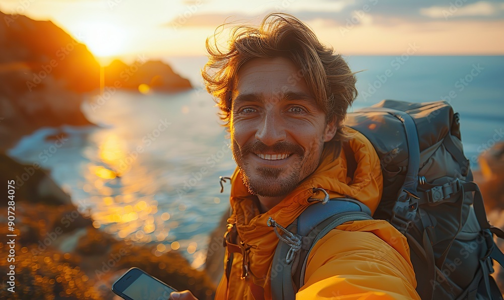 A handsome young man is taking a selfie with a smartphone outdoors, smiling at the camera with a sunset in the background, embodying a traveler�s lifestyle and technology concept. A handsome young man is taking a selfie with a smartphone outdoors, smiling at the camera with a sunset in the background, embodying a traveler�s lifestyle and technology concept.