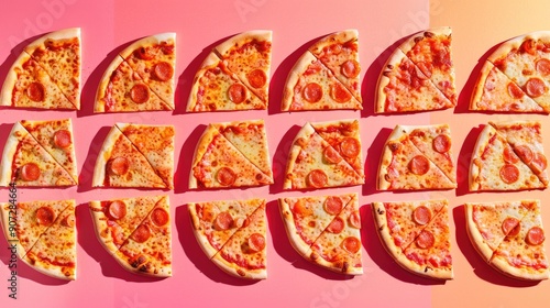 Pepperoni Pizza Slices Arranged on a Pink and Orange Background photo