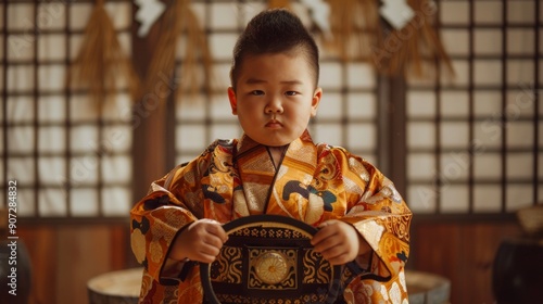 Young Japanese Sumo Wrestler in Traditional Outfit Holding Belt in Dojo Setting photo