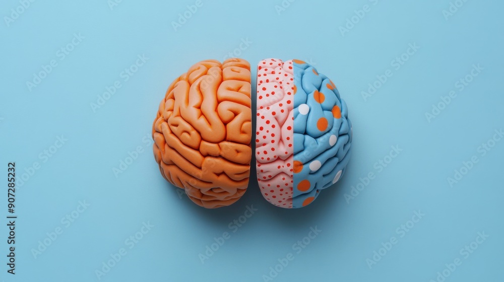 Divergent Minds: Vibrant Brain Halves Reflecting Analytical and Artistic Patterns on Solid Background - Concept of Creative Thinking Divergent Minds: Vibrant Brain Halves Reflecting Analytical and Artistic Patterns on Solid Background - Concept of Creative Thinking
