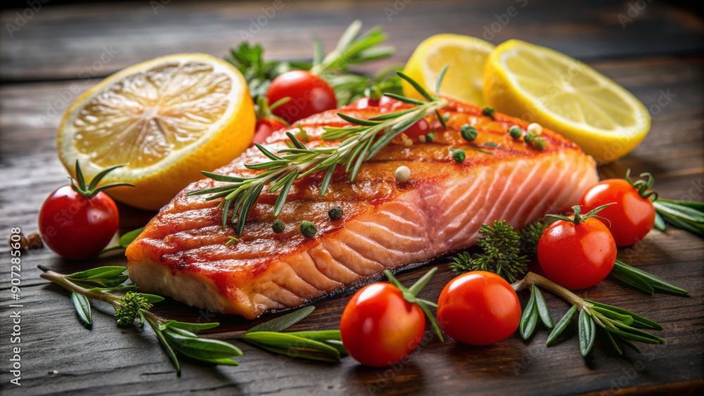 Jaw-dropping 3D visual of a succulent grilled salmon steak, elevated amidst a burst of fresh lemon, juicy tomatoes, and fragrant rosemary, against a clean background. Jaw-dropping 3D visual of a succulent grilled salmon steak, elevated amidst a burst of fresh lemon, juicy tomatoes, and fragrant rosemary, against a clean background.
