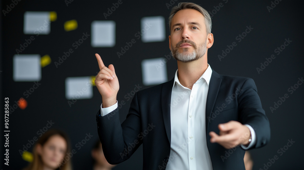 Business professional in a black suit and white shirt, leading a team meeting with expressive hand gestures. Stands in front of a blackboard with notes, indicating a dynamic corporate environment. Business professional in a black suit and white shirt, leading a team meeting with expressive hand gestures. Stands in front of a blackboard with notes, indicating a dynamic corporate environment.