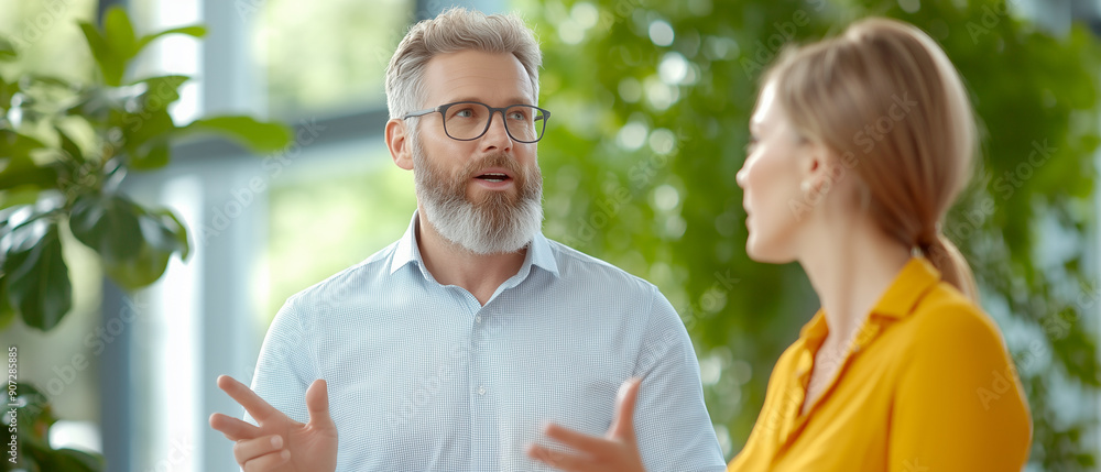 A bearded man with glasses in a light blue shirt converses with a woman in a yellow blouse in a well-lit, green environment, indicating a professional yet casual meeting. A bearded man with glasses in a light blue shirt converses with a woman in a yellow blouse in a well-lit, green environment, indicating a professional yet casual meeting.
