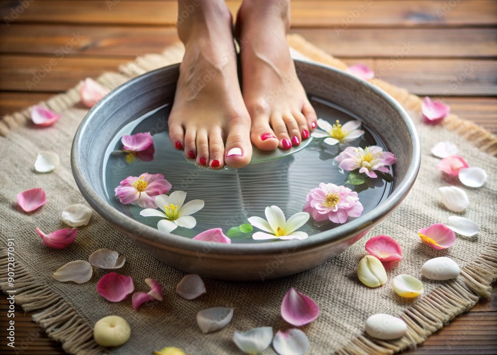 Serenity abounds in this spa setting where a grey bowl filled with water and delicate floating petals awaits a pampering pedicure experience, evoking relaxation and tranquility. Serenity abounds in this spa setting where a grey bowl filled with water and delicate floating petals awaits a pampering pedicure experience, evoking relaxation and tranquility.
