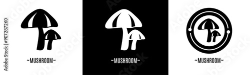 Mushroom logo set. Collection of black and white logos. Stock vector.