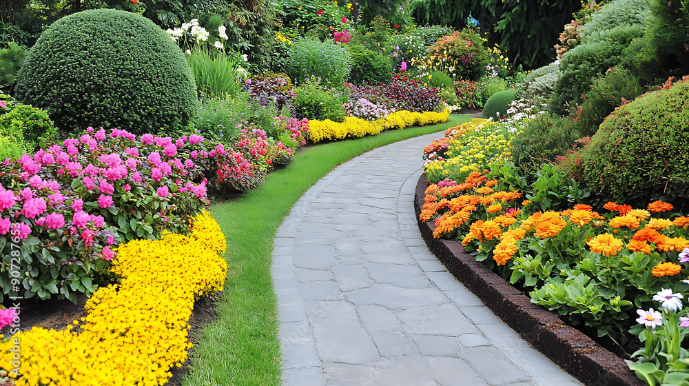 Obraz premium A beautiful garden pathway lined with blooming flowers and well-maintained shrubs 
