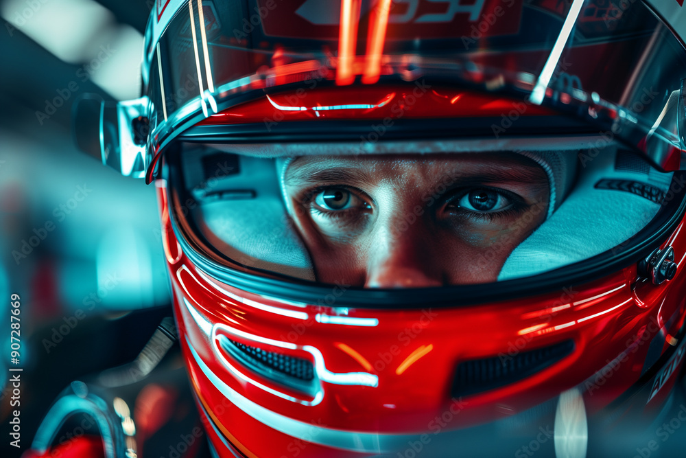 Formula one driver wearing red helmet focused on race track Formula one driver wearing red helmet focused on race track