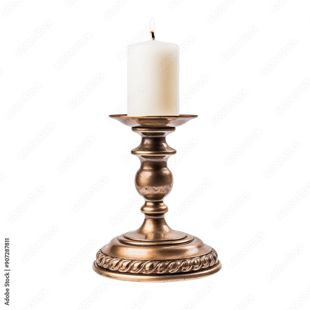 Elegant Brass Candle Holder With Lit White Candle Elegant Brass Candle Holder With Lit White Candle