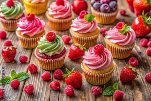 Fresh raspberries and sweet treats surround delicate hands arranging colorful cupcakes on a rustic wooden table, topped with vibrant frosting and juicy raspberry decorations.