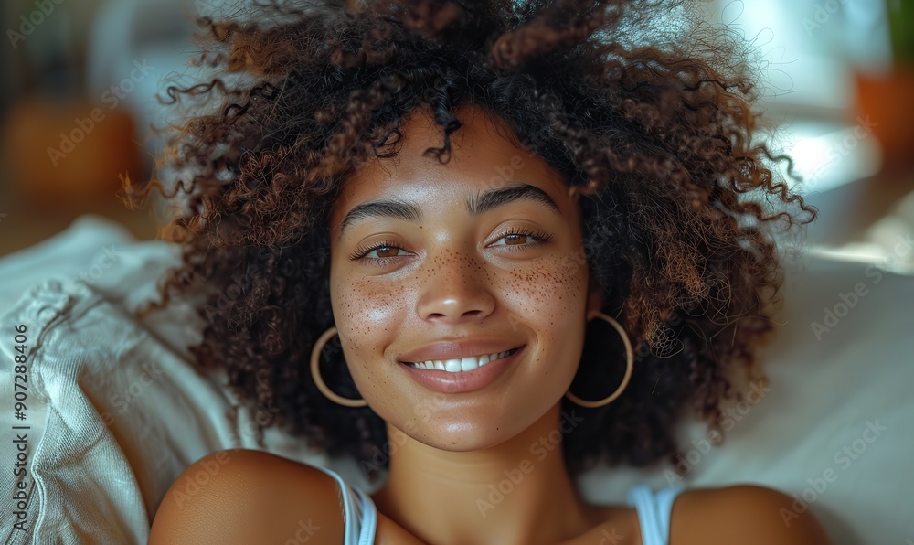 A happy Afro-American woman is relaxing on the sofa at home, smiling and enjoying her day off while lying on the couch, reflecting a healthy lifestyle and positive vibes. A happy Afro-American woman is relaxing on the sofa at home, smiling and enjoying her day off while lying on the couch, reflecting a healthy lifestyle and positive vibes.