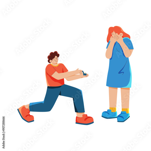 Man proposing to woman giving her ring flat isolated illustration Lovely marriage proposal with cartoon style Flat propose day illustration Lovely marriage proposal composition with flat design

