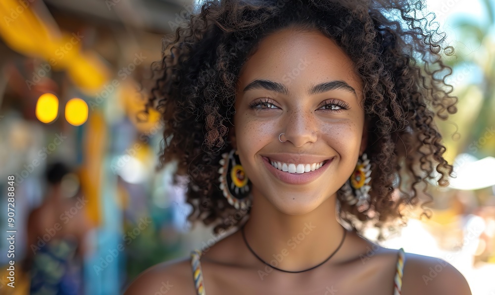 A happy Afro-American young woman is smiling at the camera outside, with a close-up portrait of a Brazilian female laughing on a city street, reflecting lifestyle and positive vibes. A happy Afro-American young woman is smiling at the camera outside, with a close-up portrait of a Brazilian female laughing on a city street, reflecting lifestyle and positive vibes.