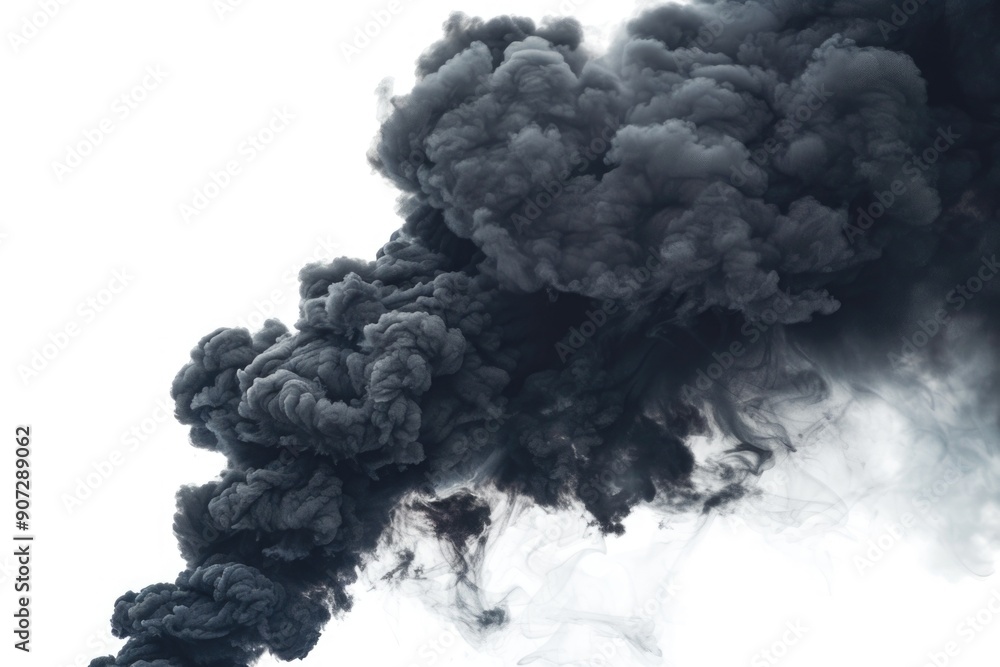 A cloud of black smoke rises from the top of a building, perhaps indicating a fire or industrial activity A cloud of black smoke rises from the top of a building, perhaps indicating a fire or industrial activity