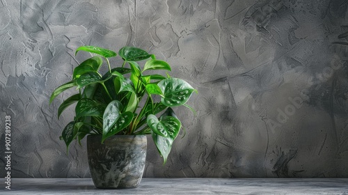 Green Scindapsus Epipremnum plant in a grey setting Indoor ornamental garden